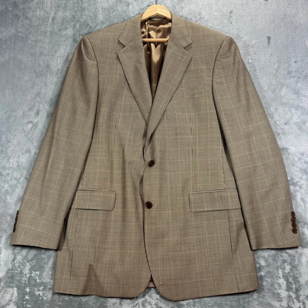 Brooks Brothers Sport Coat Mens 41L Tan Houndstooth Excellent Worsted Wool Italy